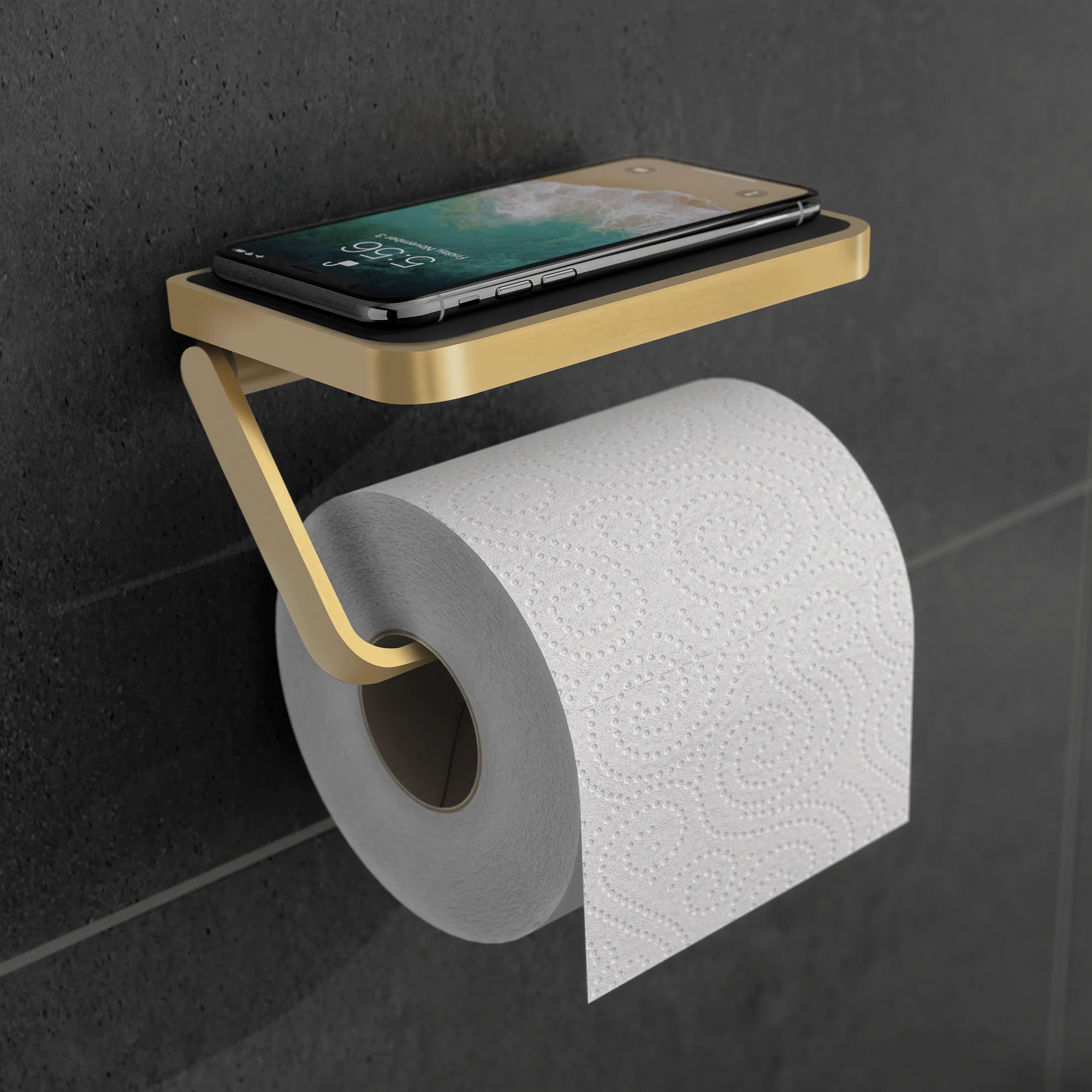 Toilet Roll Holder with Shelf & Anti-slip Mat - Brushed Brass